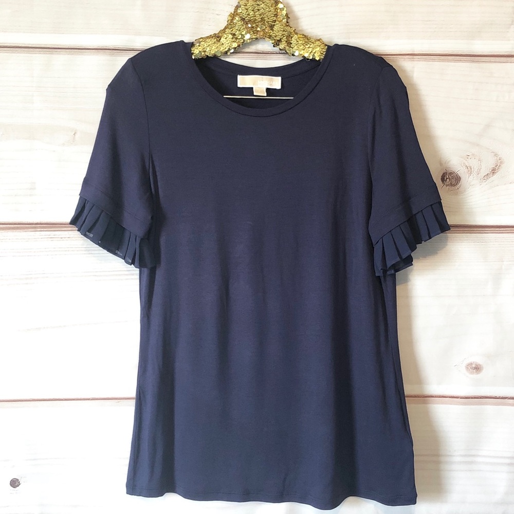 Michael Kors Navy Blue Ruffle Sleeve Detail Shirt